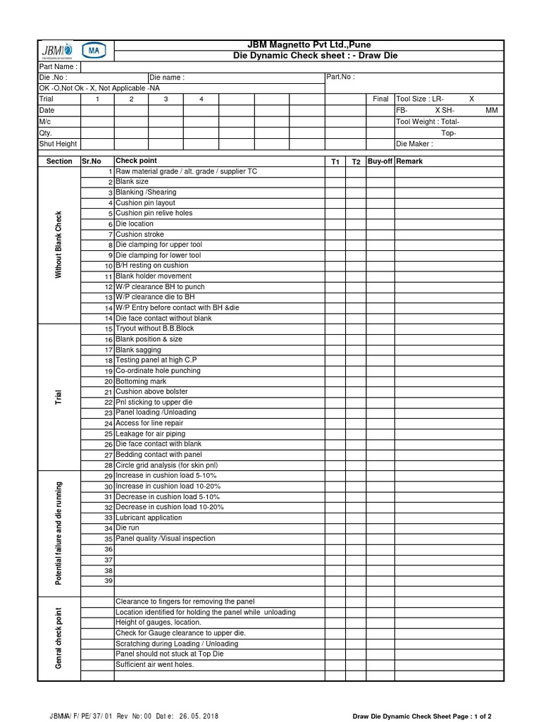 Die Dynamic Buyoff Check Sheet For Air Cushion Dies | PDF | Secondary ...