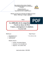 Les Difficultés de La Compréhension de L'écrit en Classe de FLE (Causes Conséquenses Et Soulutions) Cas de 3 AS.