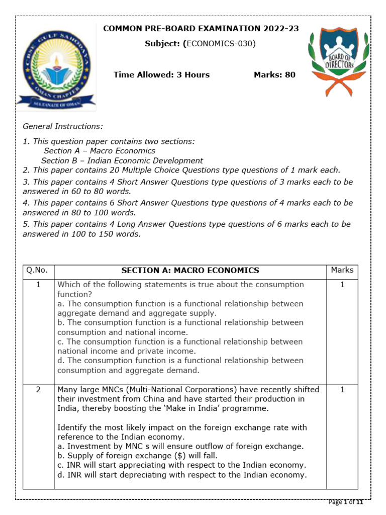 1..QP CLASS XII ECO Common Board 2022 23 | PDF | Banks | Reserve Bank ...