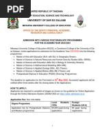 Advertisement For UDSM Postgraduate Programmes 2023-2024