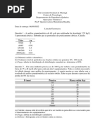 Operações Unitárias I - Lista de Exercícios - 1° Bimestre