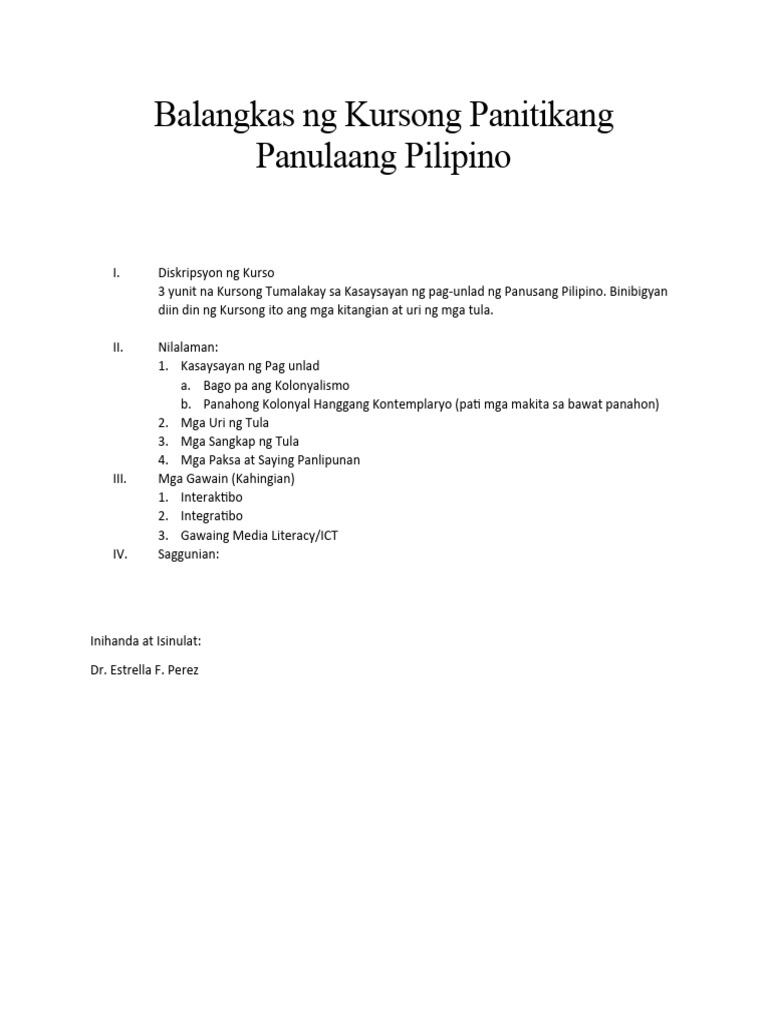 Balangkas NG Kursong Panitikang Panulaang Pilipino | PDF