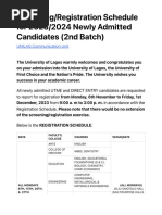 UNILAG (Screening-Registration Schedule For 2023-2024 Newly Admitted Candidates (2nd Batch) - University of Lagos)