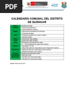 Calendario Comunal Del Distrito de Quishuar