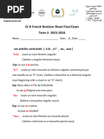 GR 8 French Revision Sheet Final Exam Term 3-2023-2024: Les Articles Contractés (À La, À L', Au, Aux)