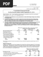 News & Information: Consolidated Financial Results For The Second Quarter Ended September 30, 2011