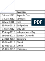 List of Holidays 2012