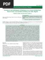 Prevalence and Antibiogram of Staphylococcus Aureus Isolated From Herd of Goat Cow and Ram at Obinze Imo State Nigeria