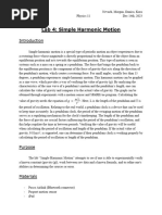 Physics Lab #4 Simple Harmonic Motion Physics 11 Mr. Howard D Block Dec 23, 2023