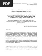 Comentario de jurisprudencia el incumplimiento reciproco en un contrato bilateral, la resolución del contrato y la excepción de contrato no cumplido