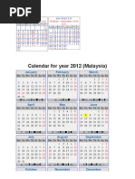 Calendar For Year 2012 (Malaysia) : January February March