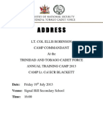 Address Lt. Col Ellis Robinson Camp Commandant at The Trinidad and Tobago Cadet Force Annual Training Camp 2013