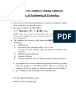 21 October 2013, 4:00 P.M.: Instructions For Candidates Seeking Admission in Faculty of Engineering & Technology