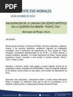Discurso Del Presidente Morales en La Inauguración de La Cancha Con Césped Sintético en La Cooperativa Minera "Poopó Ltda." en Municipio de Poopó, Oruro 16.10.2013