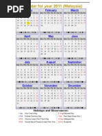 Calendar For Year 2011 (Malaysia) : January February March