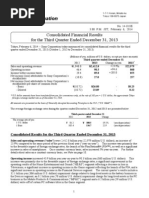 News & Information: Consolidated Financial Results For The Third Quarter Ended December 31, 2013