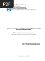 Castro Pacheco Manuela Cecilia Cultura de La Innovación en Universidades Públicas Del Departamento Del Cesar, Municipio de Valledupar (Colombia)