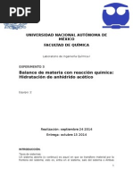 Balance de Materia Con Reacción Química: Hidratación de Anhídrido Acético