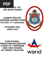 Sumitted To: Sir Asim Nazir: Functional Departmentalization, Chain of Command and HRM Model of Warid Telecom