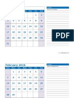 2016 Monthly Calendar Templates