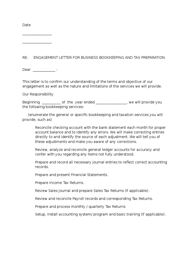 Sample Bookkeeping Engagement Letter | Bookkeeping | Accounting