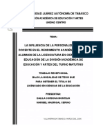 La Influencia de La Personalidad Del Docente en El Rendimiento Académico de Los Alumnos de La Licenciatura en Ciencias de La Educación de La División Académica de Educación y Artes Del Turno Matutino