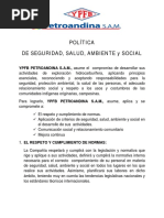 E. Política de Seguridad, Salud, Ambiente y Social YPFB PETROANDINA SAM PDF