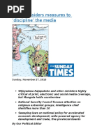 Govt. Considers Measures To Discipline' The Media: Sunday, November 27, 2016