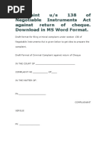 Complaint Us 138 of Ni Act in Ms Word Format Against Return of Cheque Download