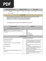 Lesson Plan Template: Date & Duration of Lesson Number of Students Class / Grade