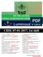 SSC CHSL 2016 Tier 1 General Awareness One Liners All 74 Shifts PDF