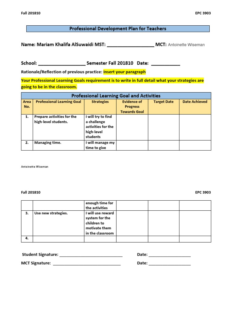 Professional Development Plan Template For Teachers