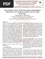 Green Synthesis of Ferric Oxide Nano Particles Using Manilkara Zapota Plant Leaves and Study Its Effect On Dyes in Textile Waste Water