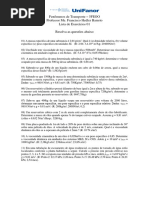 Lista de Exercicios Fenomenos de Transporte - Lista - 01