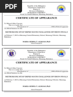 Certificate of Appearance: Metrobank Mtap Deped Math Challenge Division Finals