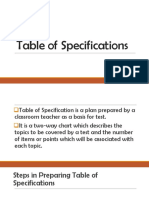 Table of Specifications