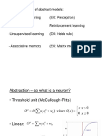 Different Classes of Abstract Models: - Supervised Learning (EX: Perceptron) Reinforcement Learning - Unsupervised Learning (EX: Hebb Rule)