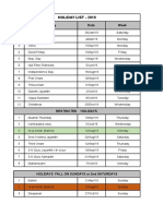 Holiday List - 2019: SL - No Holiday Date Week