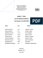 Grade 7 - Rizal List of Honor Students First Quarter S/y 2019-2020