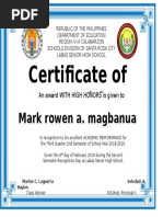 Certificate of Recognition: Mark Rowen A. Magbanua