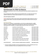 Questionnaire For 2018 Tax Returns: Worksheets Available