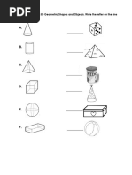 I. Match The 3D Geometric Shapes and Objects. Write The Letter On The Line (6 Points)