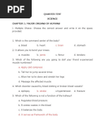 Quarter Test Science Chapter 1: Major Organs of Humans: C. Brain