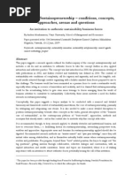 (PAPER - CONFERENCE ARTICLE, 2007) Researching Sustainopreneurship - Conditions, Concepts, Approaches, Arenas and Questions.