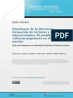 Enseñanza de La Literatura, Formación de Lectores y Discursos Educacionales: El Problema de Las Culturas Populares en El Cotidiano Escolar (Tesis Doctoral) - Mariano Dubin