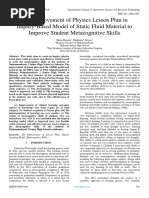 The Improvement of Physics Lesson Plan in Inquiry-Based Model of Static Fluid Material To Improve Student Metacognitive Skills