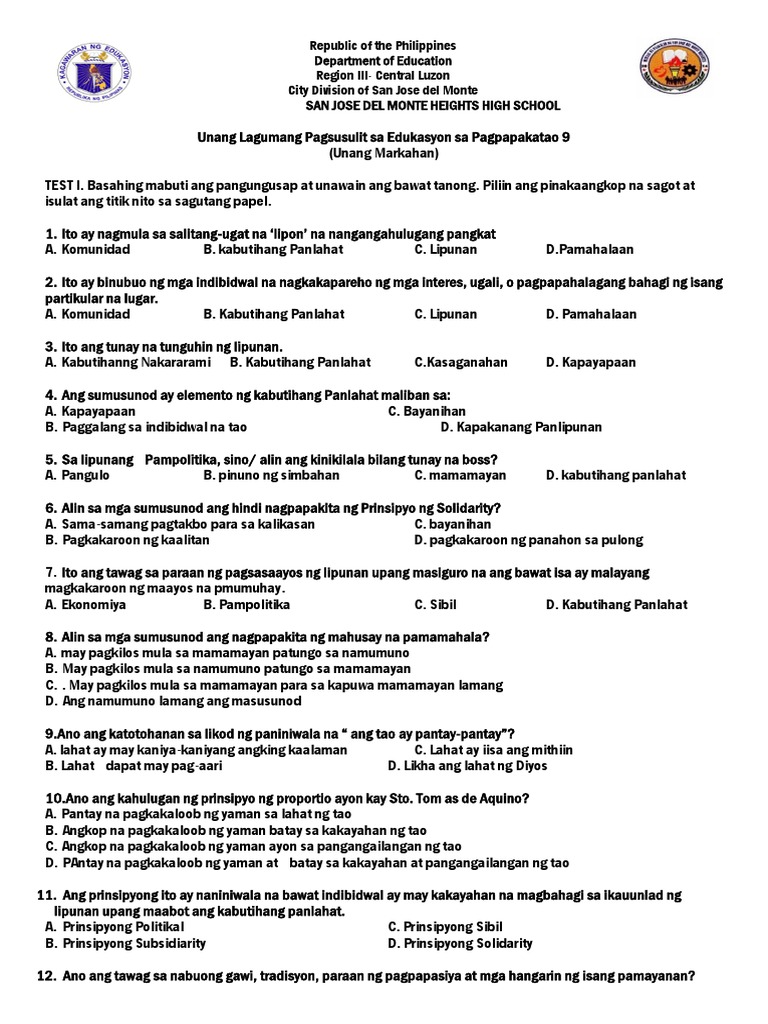 1st Summative Test Q2 In Esp Part 1 Worksheet - Riset