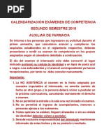 Calendario Examenes Auxiliar de Farmacia Primer Semestre 2019