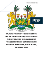 Statement by His Excellency, DR Julius Maada Bio, President of The Republic of Sierra Leone at The Second Press Conference On COVID-19. State House, Freetown - 31 March 2020 PDF