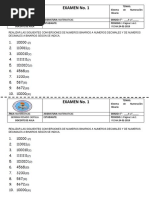 EXAMEN No 1 NUMEROS BINARIOS